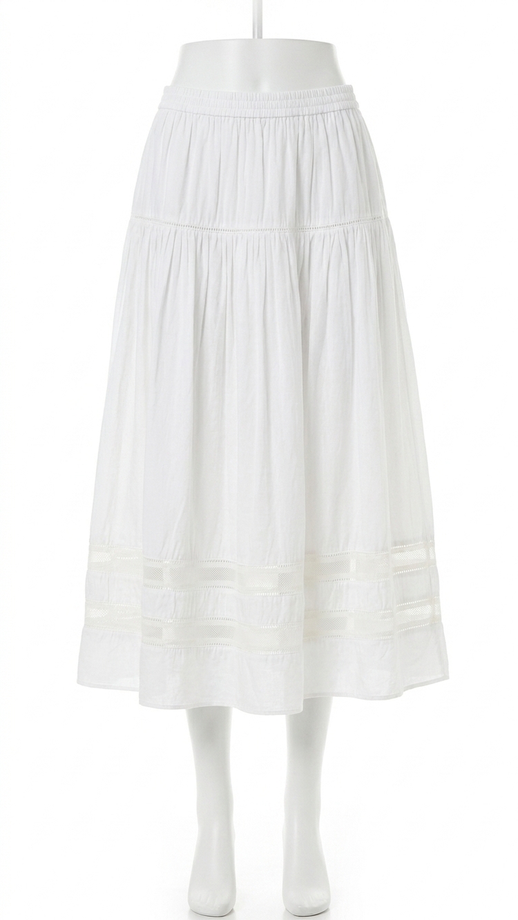 NEW CURRENT AIR tiered gathered skirt with ladder lace in white